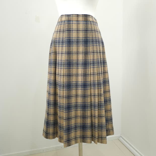 DAKS 모 혼방 체크 플리츠 베이지 미디스커트 일본빈티지