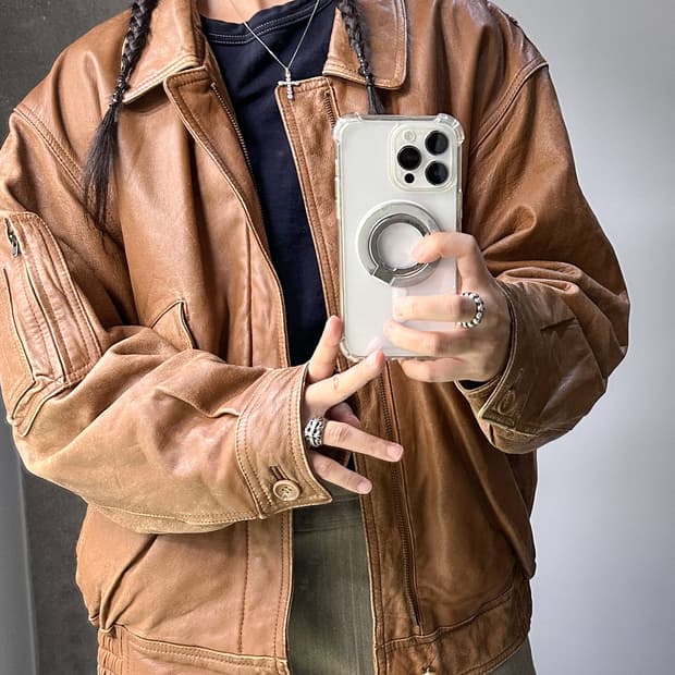 brown grunge washed leather bomber jacke