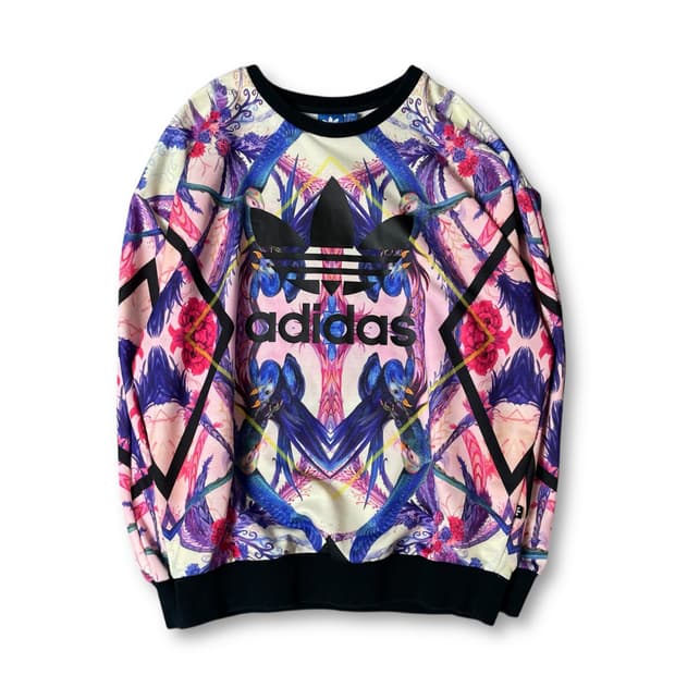 아디다스 핑크 블루 트레포일 프린팅 맨투맨