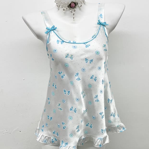 블루 키치 리본 새틴 슬립