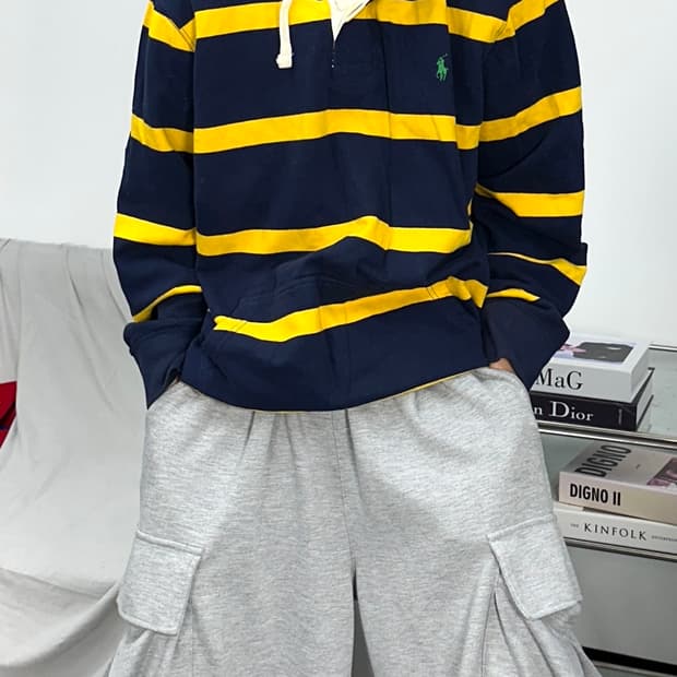 폴로 랄프로렌 네이비 옐로우 럭비 후드티 XL