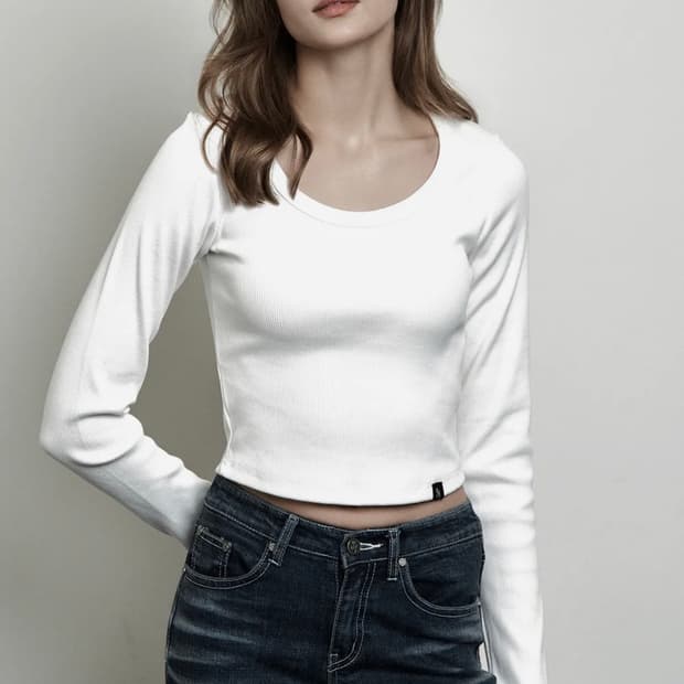 PLAIN RIB CROP LONG SLEEVE WHITE