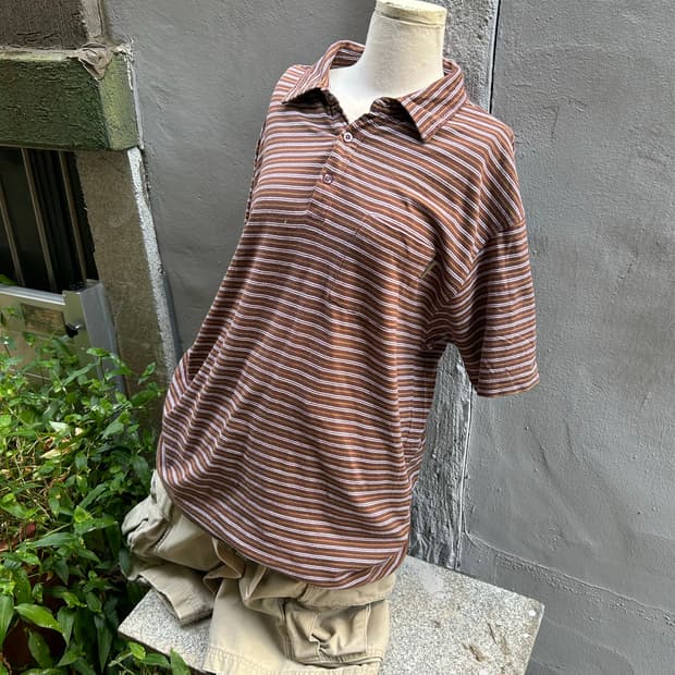 *rare* old stussy 브라운 스트라이프 카라 티셔츠