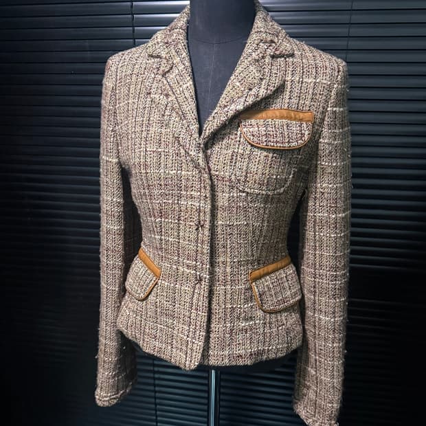 MCM 울 트위드 체크 자켓 엠씨엠 명품 빈티지 크롭 브라운 갈색 베이지