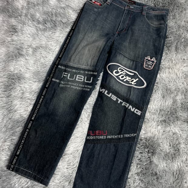 00s FUBU x 포드 머스탱 자수 올드스쿨 레이싱 데님 팬츠 5358