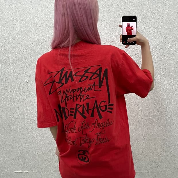 스투시 백로고 레드 반팔 L