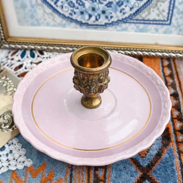 독일(후첸로이터) 핑크 로즈 소서 브론즈일체형 촛대