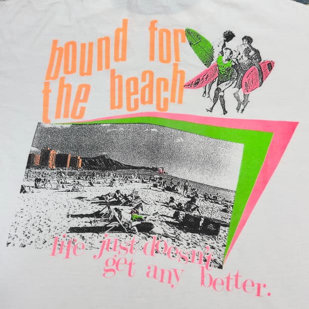 90's SURF GEAR 싱글 스티치 형광 그래픽 서프 티셔츠