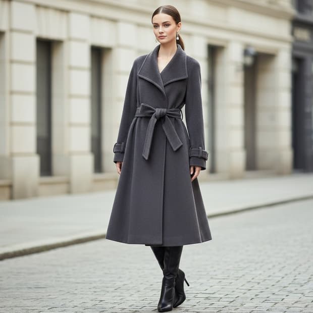 [미샤/정품] 앙고라 & 라마 혼방 하이넥 벨티드 코트 (차콜그레이)