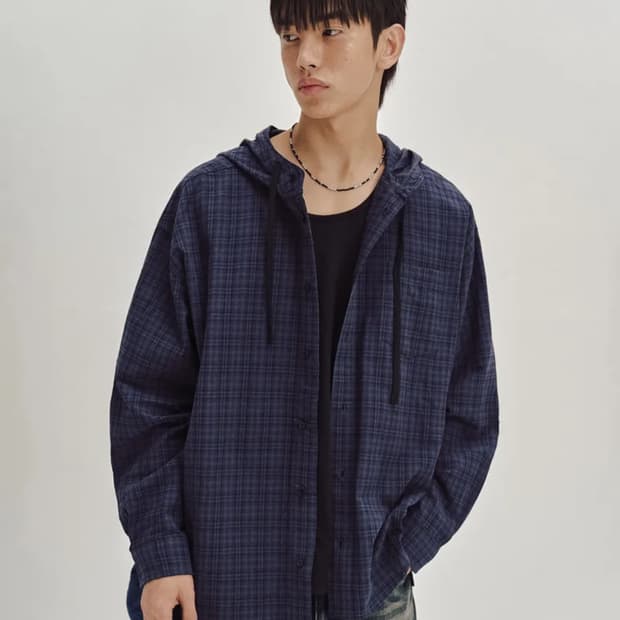 세컨모놀로그 체크 후드셔츠