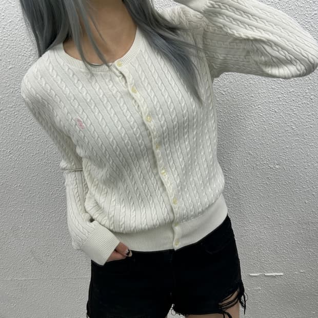 폴로 랄프로렌 베이비핑크포니 화이트 꽈배기 니트 버튼가디건 XL