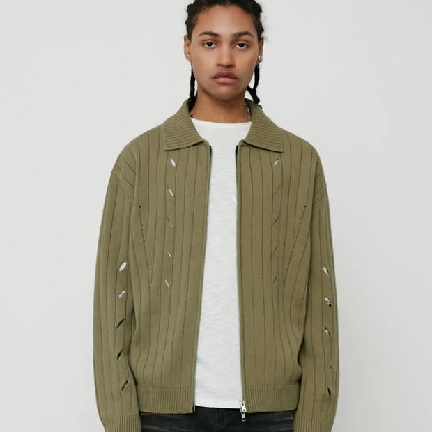 엘무드 슬래시 니트 카라 집업 올리브카키