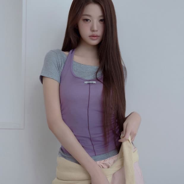 로라로라 홀터 레이어드 티셔츠 세트 퍼플 멜란지그레이
