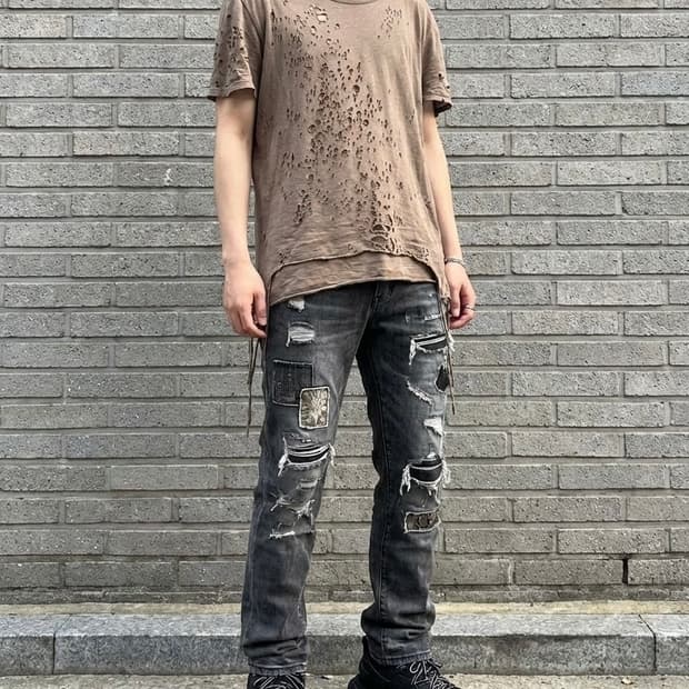 미하라야스히로 그런지 홀 데미지 이중레이어드 반팔