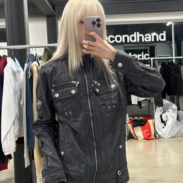 UGI 블랙 나일론 차콜 바이커 자켓 y2k 와투케 자켓