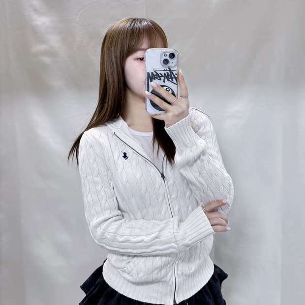 폴로 랄프로렌 화이트 포니 꽈배기 니트 후드집업 