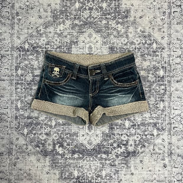 Skybomber Skull Sherpa Trim Denim Shorts