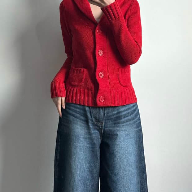 타미힐피거 손목로고 레드 니트 숄카라 가디건