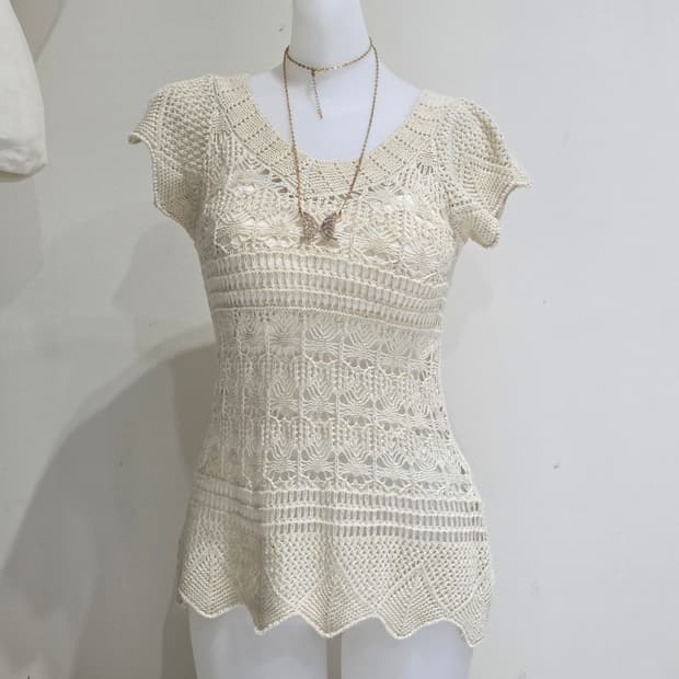 빈티지)스즈코모리걸st 고전 아이보리 크로셰 뜨개 로맨틱글리터니트블라우스