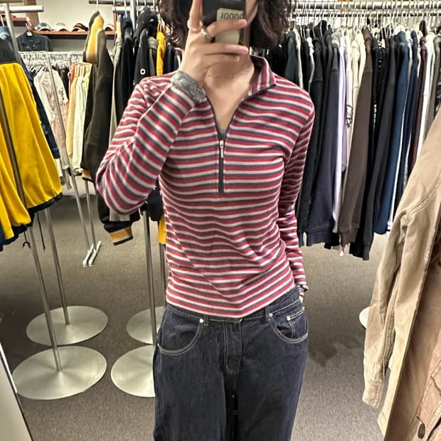 M)Japanese vintage 여성 멀티 스트라이프 하프집업 롱슬리브