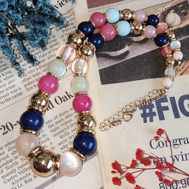 90s 프랑스 빈티지 앤티크 골드 포인트 멀티 컬러 비즈 목걸이