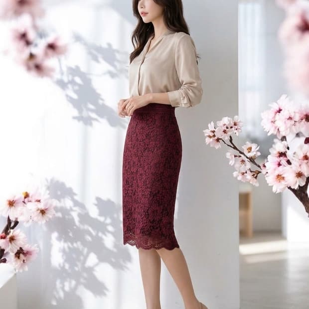 쉬즈미스 레이스 버건디 H라인 미디 스커트 66 | 상태A