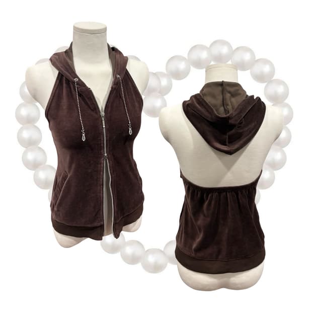 일본 빈티지 브라운 벨벳 홀터넥 슬리브리스 백리스 후드집업 갸루 y2k