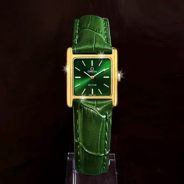 희귀 오메가 드빌 그린 선레이 18K GP 여성 가죽 수동 시계