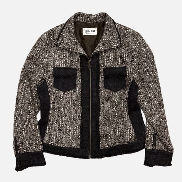 brown tweed denim zip-up jacket