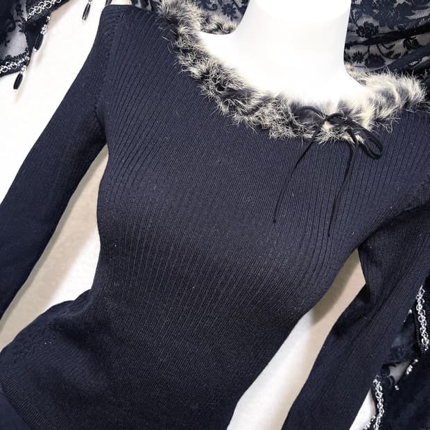 래빗퍼트리밍 오네갸루 펑크 y2k 00 와투케 섹시 골지 니트 긴팔탑