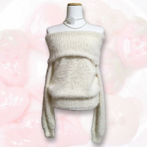 빈티지 갸루 화이트 앙고라 오프숄더 니트