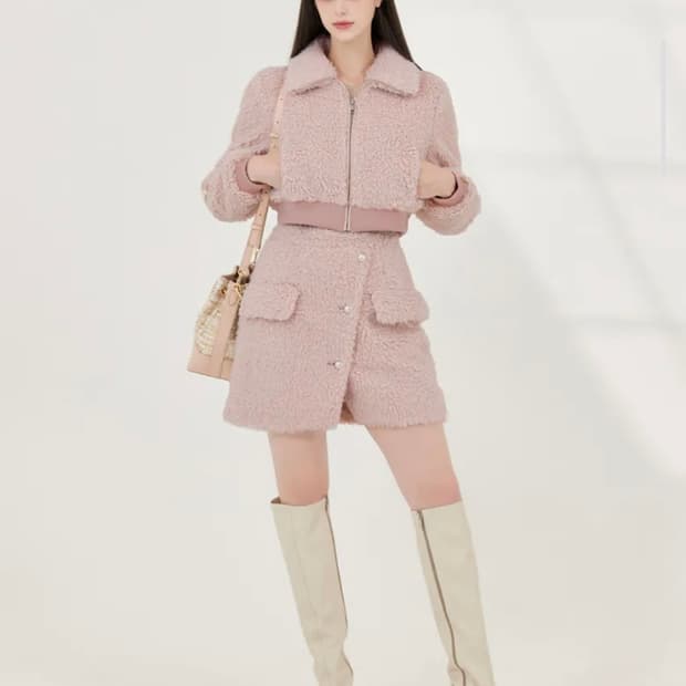 그레이스유 테디 뽀글이 양털 셋업 핑크