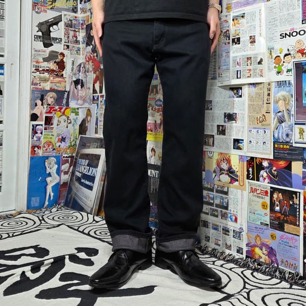 JPN 에드윈 403 체크 안감 약기모 블랙 코튼 팬츠