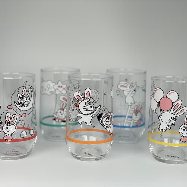 빈티지 아델리아 글라스 토끼 드로잉 유리컵 5p 세트 