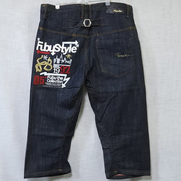 희귀 후부 FUBU Y2K 자수 크롭 배기 데님 진 청바지 힙합 34 3