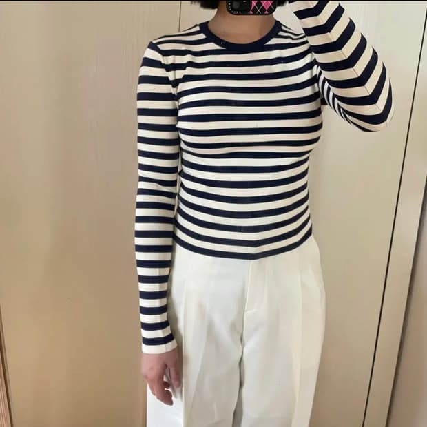 ZARA 자라 스트라이프 슬림 긴팔 쫀득 니트 탑 M 네이비