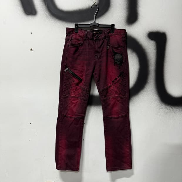 VTG 빈티지 락 , 고스 펑크 멀티 스컬 레더 패치 바이커 데님 팬츠