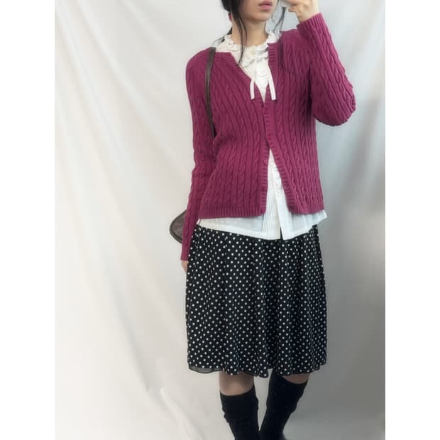 엘엘빈 가디건 프릴 리본 블라우스 도트 패턴 스커트 3pcs SET