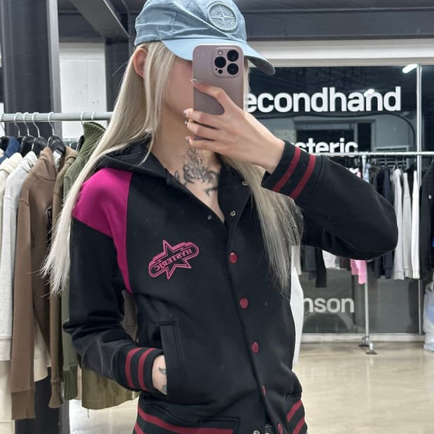 히스테릭 글래머 후드 스타디움 자켓 블랙핑크 져지 