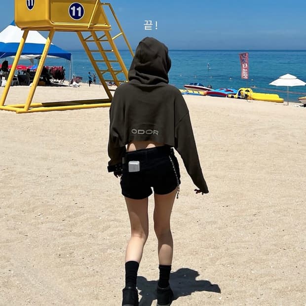 오도어 와플후드 카키 크롭후드