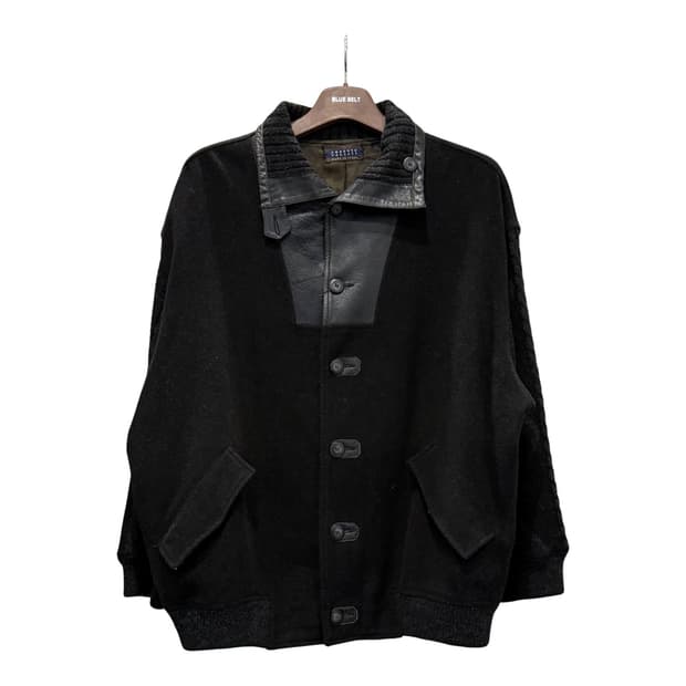 EURO VINTAGE 아란 케이블 레더 울자켓 하이넥 워머 디테일