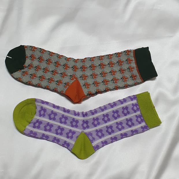 2컬레 가격 그린 퍼플 오렌지 꽃 플라워 패턴 양말