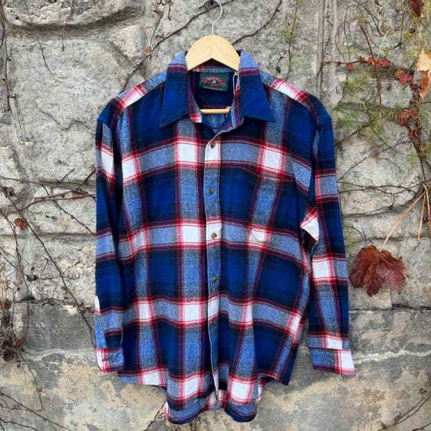 일본 빈티지 체크 패턴 포켓 플란넬 셔츠 블루