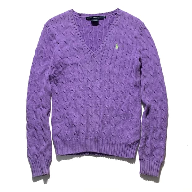 폴로 연보라 케이블 브이넥 코튼니트