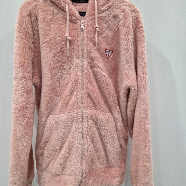 게스 핑크 퍼 후드집업 M 