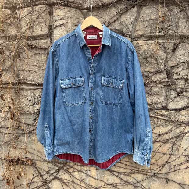 90s 엘엘빈 빈티지 체크 플란넬 안감 데님 셔츠 M