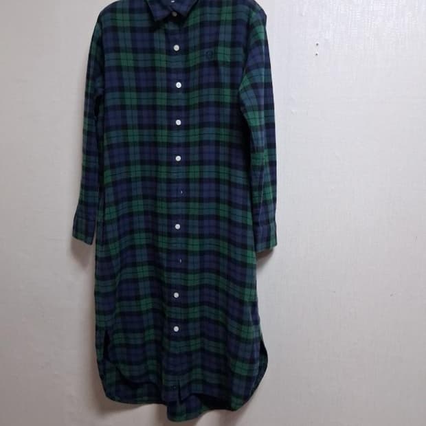 FRED PERRY 네이비그린체크 겨울 면체크  셔츠 원피스 미디 여성 