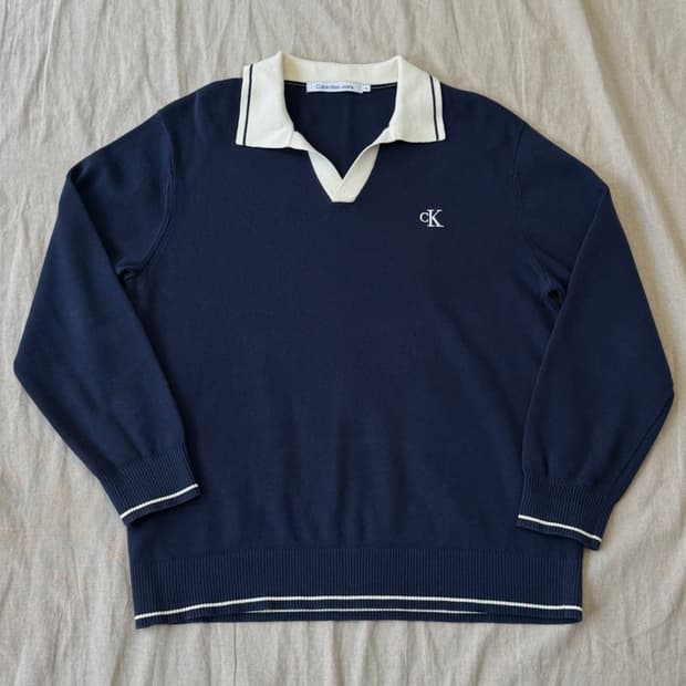 캘빈클라인진스 오픈카라 배색 네이비 니트 XL