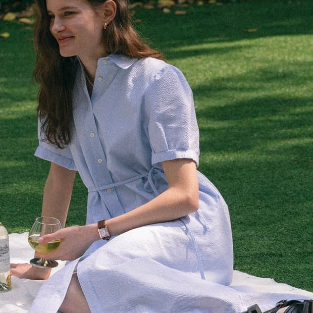 택달린새상품) 틸아이다이 스트라이프 시어서커 원피스 블루 하늘색 스트링 