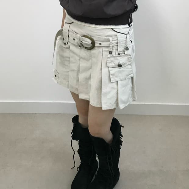 빈티지 포켓 벨트 플리츠 스커트
